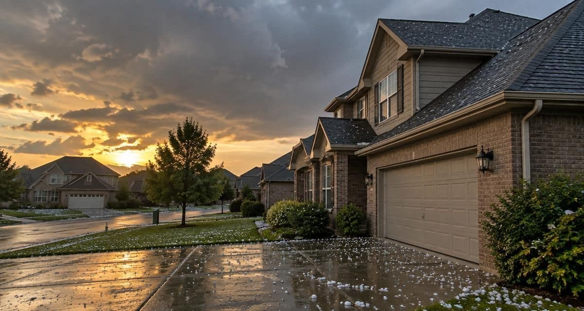 Hailstones scattered across a wet driveway and shingle roof on a Wichita, Kansas neighborhood after a severe hailstorm at sunset